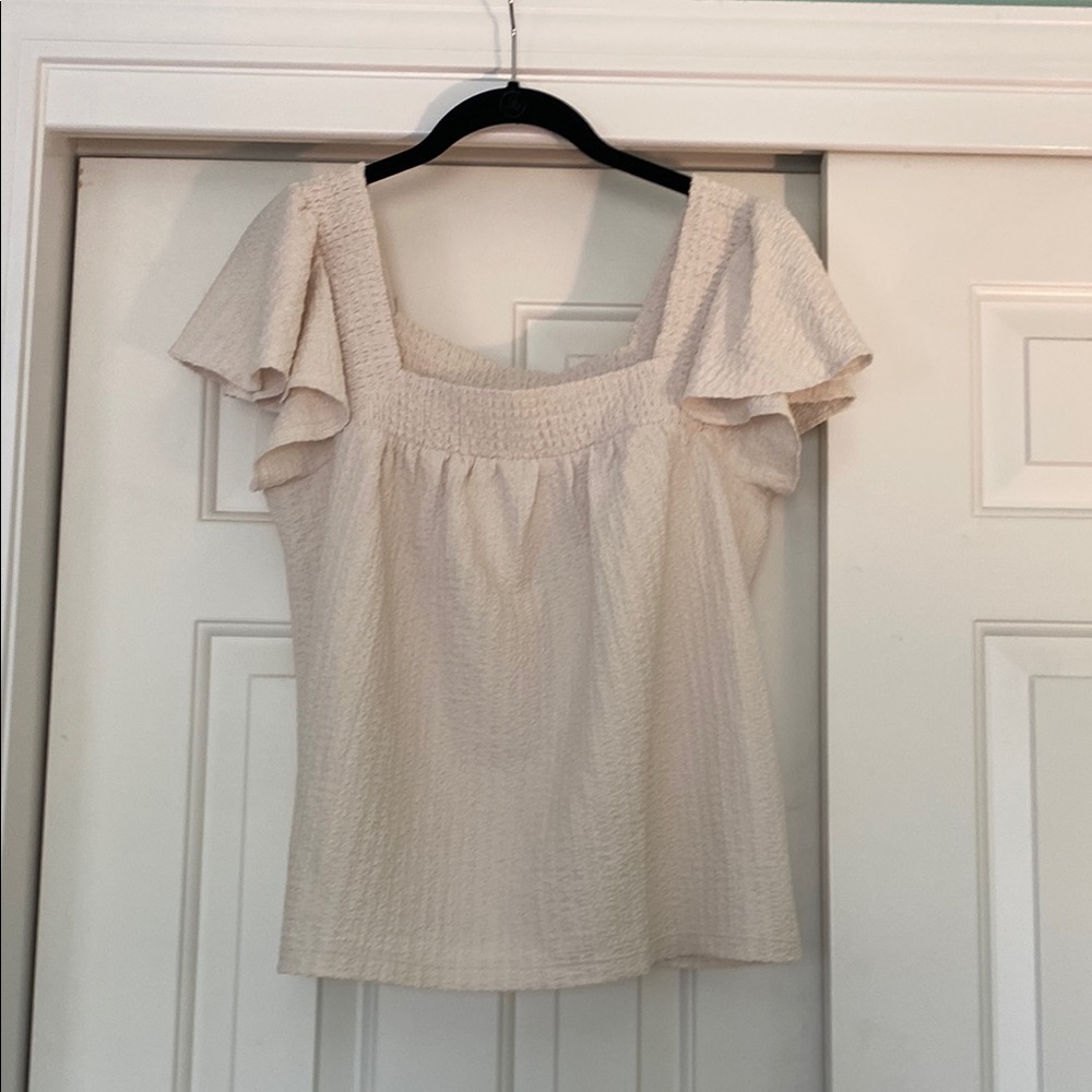 LOFT Cream Square Neck with Flutter Sleeves and Ruffled Smocked Details